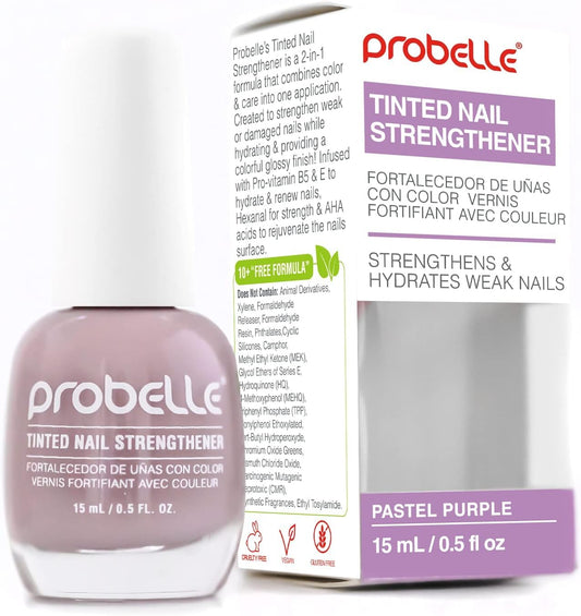 Probelle Tinted Nail Strengthener, Colored Nail Strengthening Treatment, Nail Growth and Repair, Stops Peeling, Splits, Chips, Cracks, and Strengthens Nails (0.5 Fl Oz (Pack of 1), Pastel Purple)