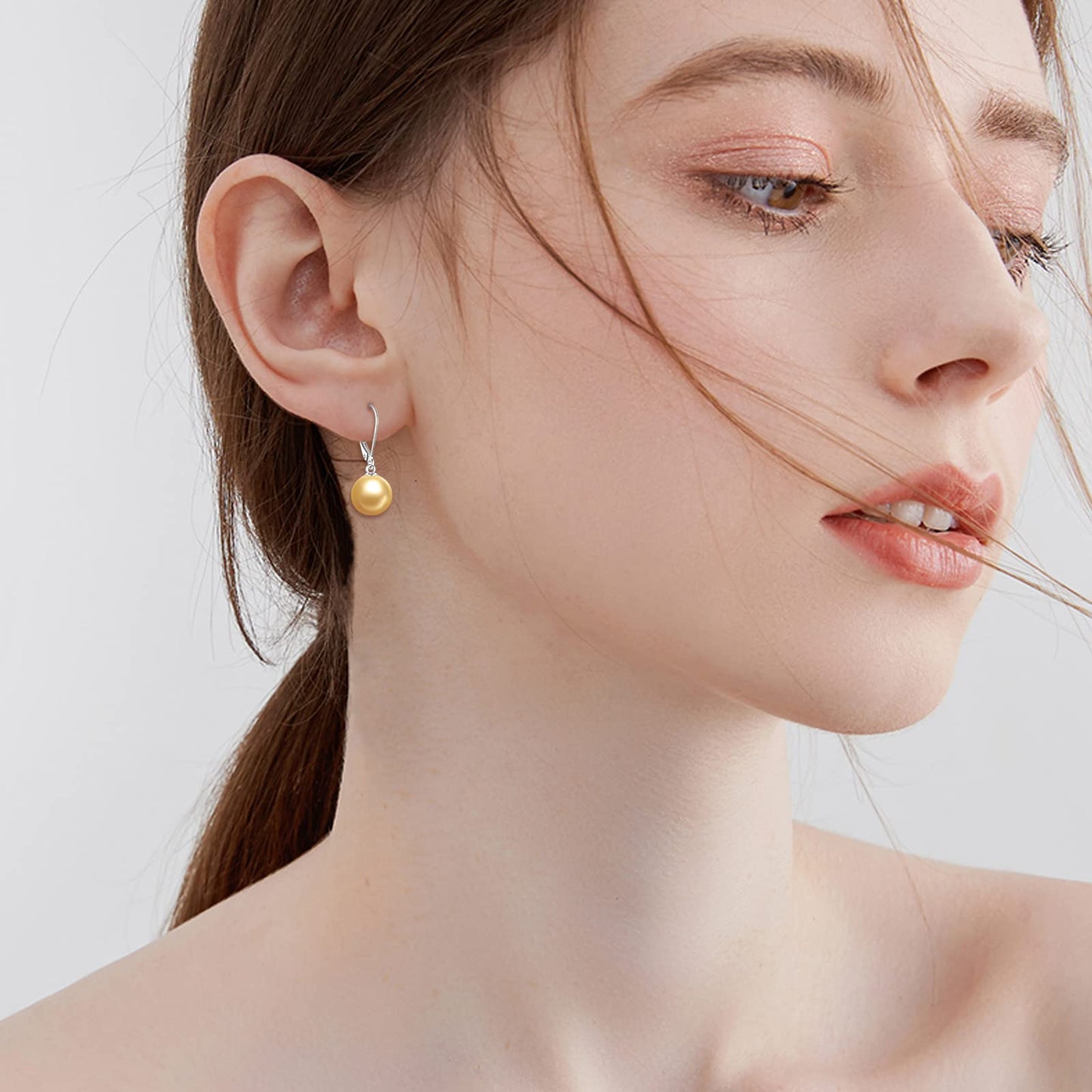 925 Sterling Silver Pearl Leverback Earrings Dangle Drop Jewelry Gifts for Women (Gold Pearl)