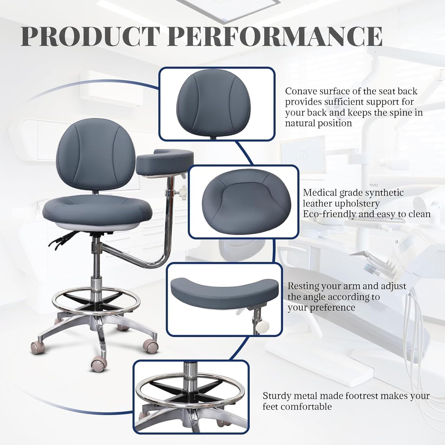 Medical Dental Assistant Chair with Rotatable Armrest Rolling Medical Chair Ergonomic Swivel Seating Back Support Dentist Stool for Clinics, Dental Offices, Labs-Gray