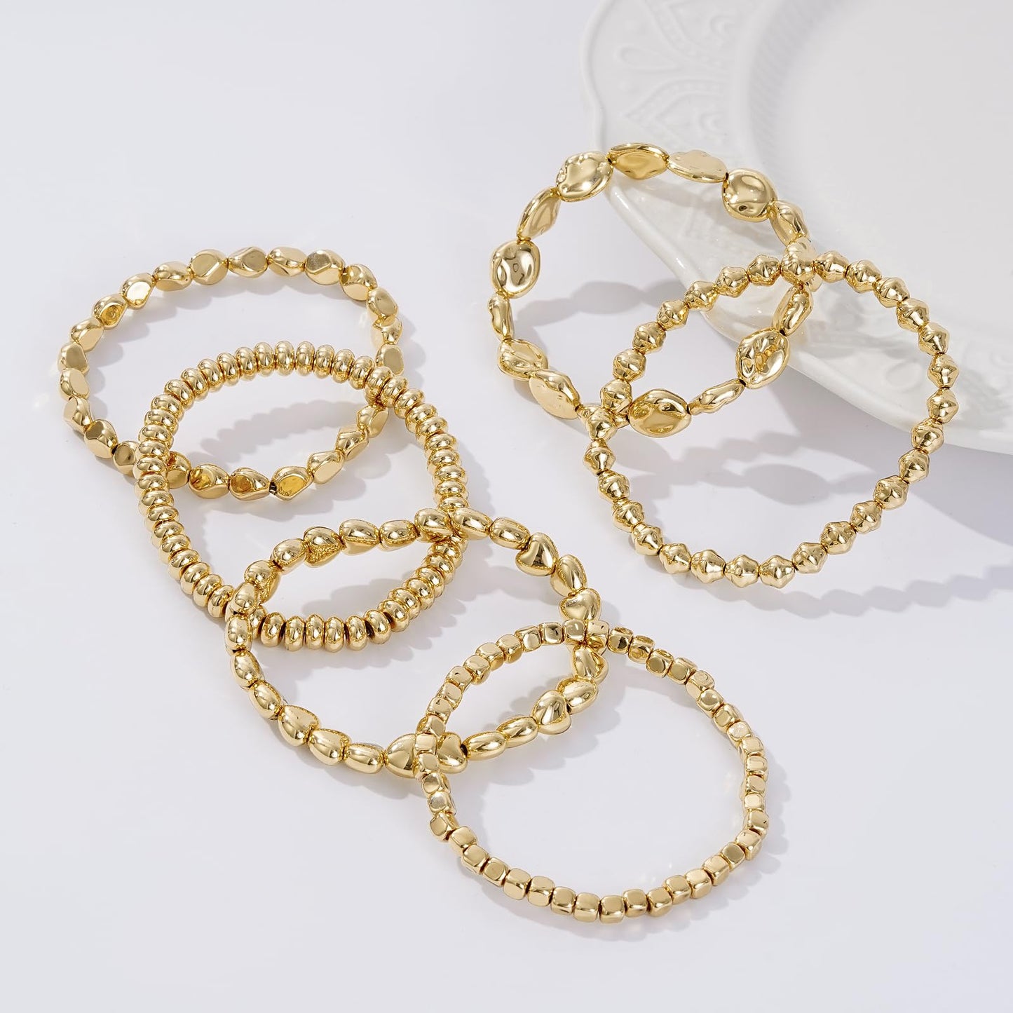 Sajidos Gold Beaded Bracelets for Women Trendy, 14K Gold Plated Stack Cross Pearl Gold Bead Stretch Bracelets Set Elastic Hypoallergenic Bracelets Jewelry Gifts (style3)