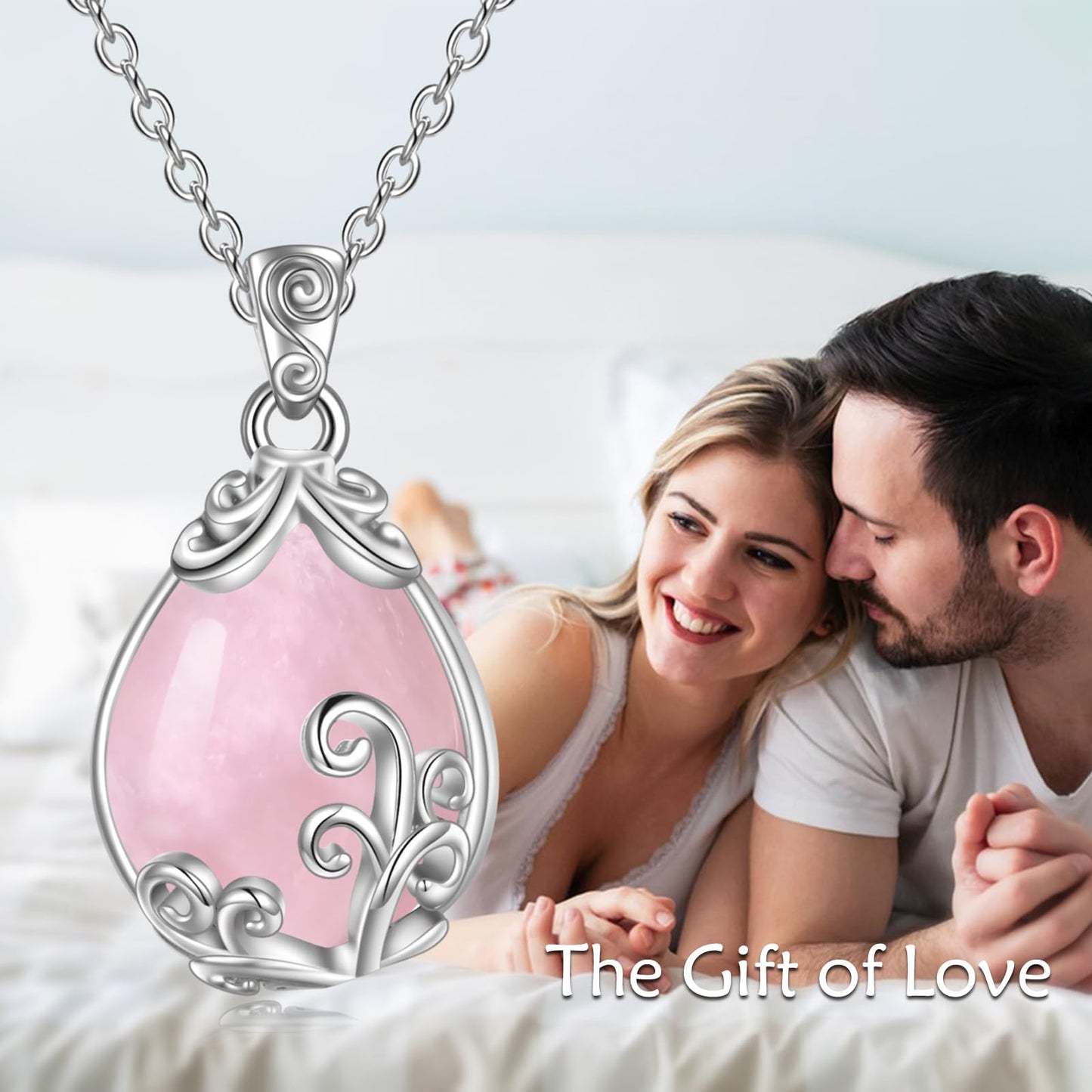 POPLYKE Sterling Silver Rose Quartz Filigree Teardrop Pendant Necklace Pink Gemstone Crystal Jewelry for Women