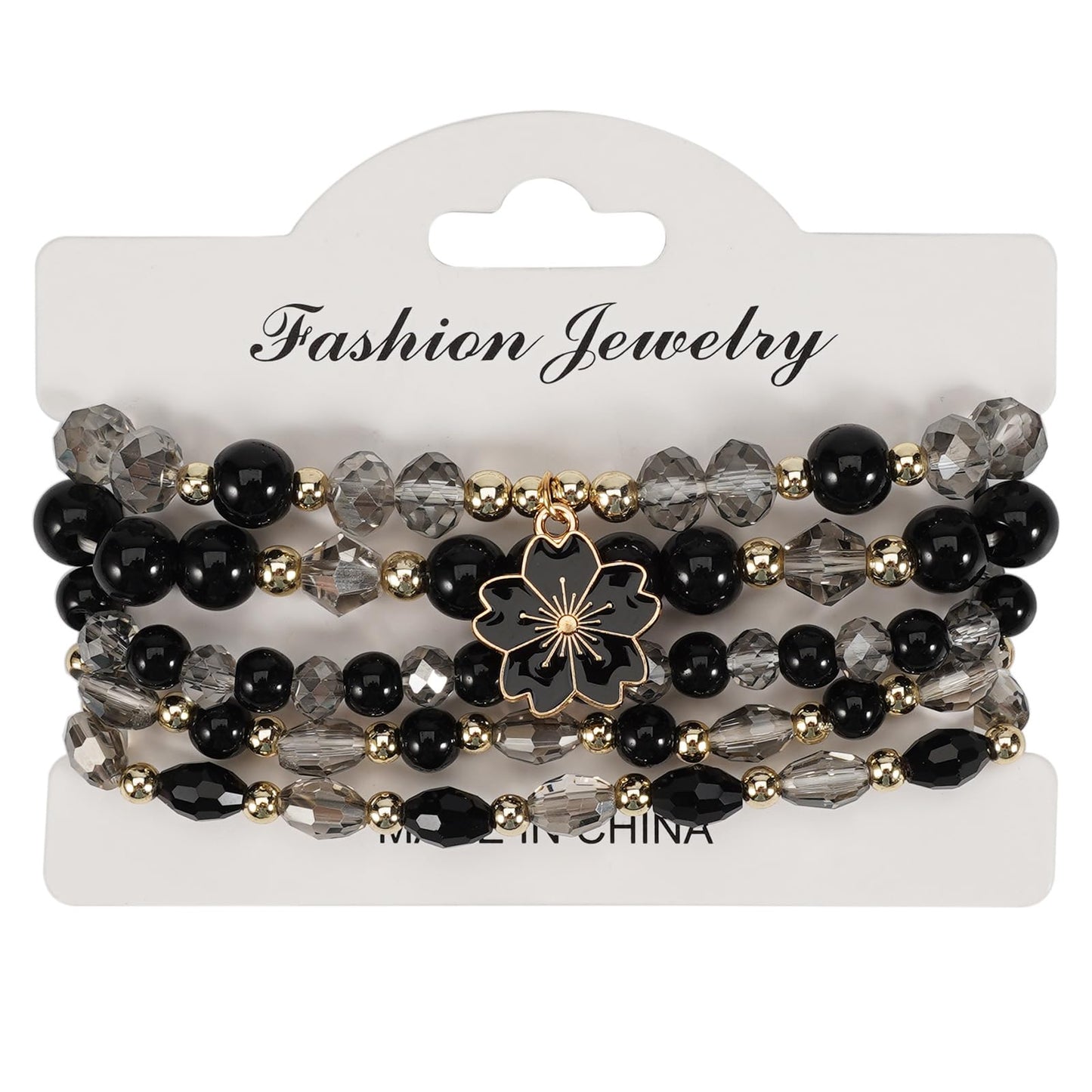 LOTSOF Boho Flower Beaded Bracelet Set for Women - Multilayer Crystal & Flower Charm Stackable Bracelets, Fashion Jewelry Gift for Her (Black)