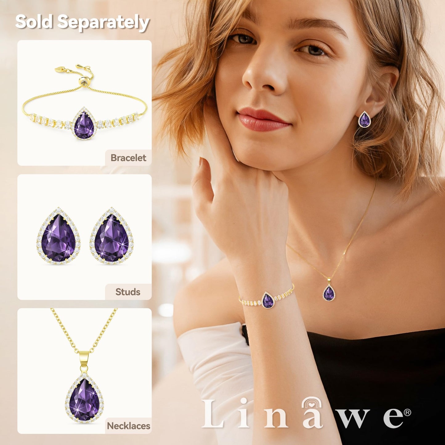 Linawe Amethyst Crystal Chain Necklace for Women Trendy, Purple Imitation Diamond Cubic Zirconia Rhinestone Birthstone Pendant Necklace, Moonstone Moissanite Boho Jewelry Set