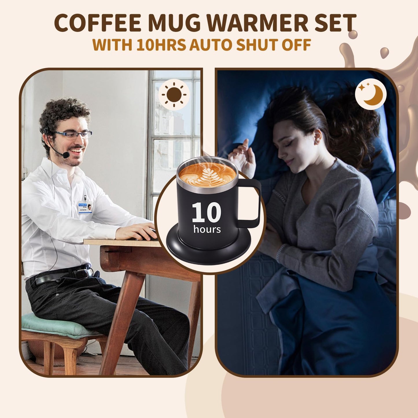 Self-Heating Coffee Mug - 12oz USB Electric Heated Mug with Temperature Control & 10H Auto Shut Off, Smart Warming Travel Mug for Hot Tea/Coffee, for Office/Home (Black)