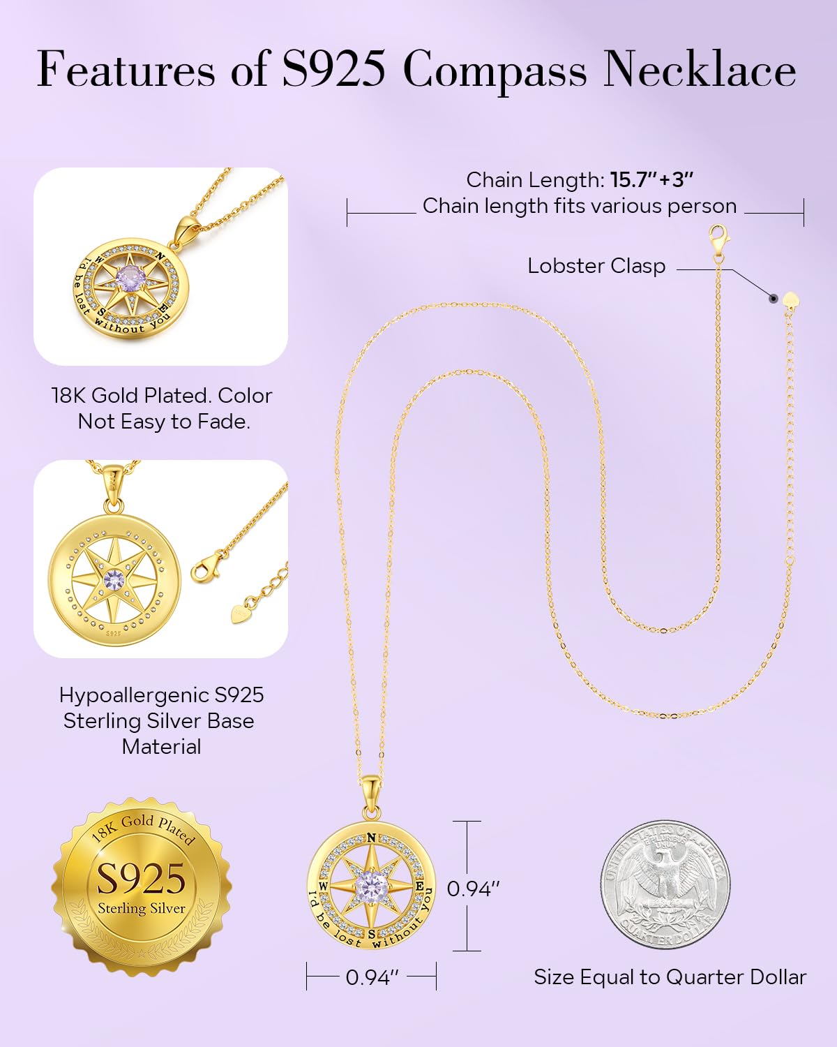 S925 Necklace Gift for Wife |Compass Jewelry |Women Anniversary |Sterling Silver |Girlfriend Birthday Necklaces for Her Valentines |I'd be Lost without You |Jewel 18K Gold June 06