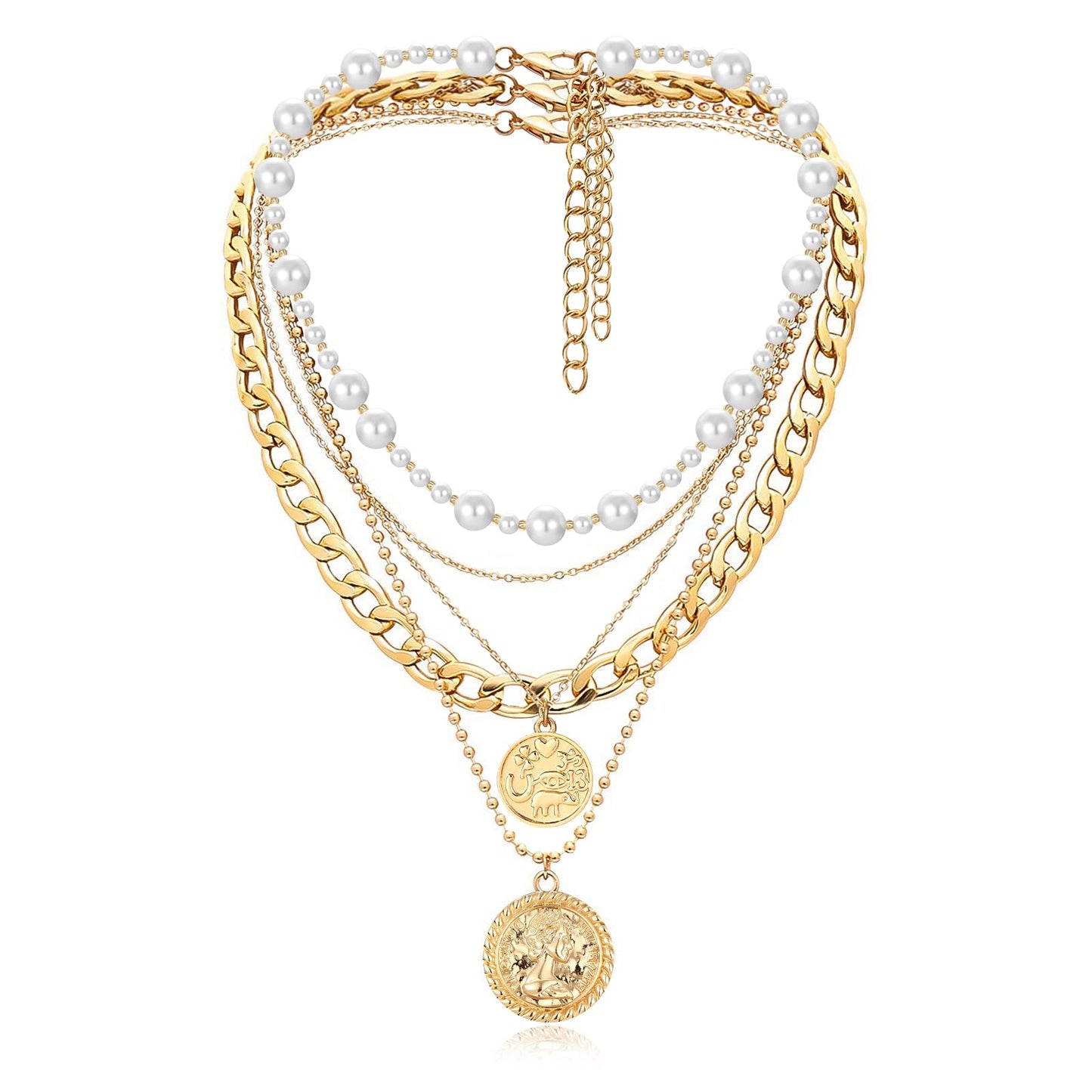 MJartoria Gold Layered Necklaces for Women Trendy Retro Coin Pendant Necklace Dainty Chunky Chain Choker Necklaces for Jewelry Birthday Gifts (Pearl-3PCS, Gold)