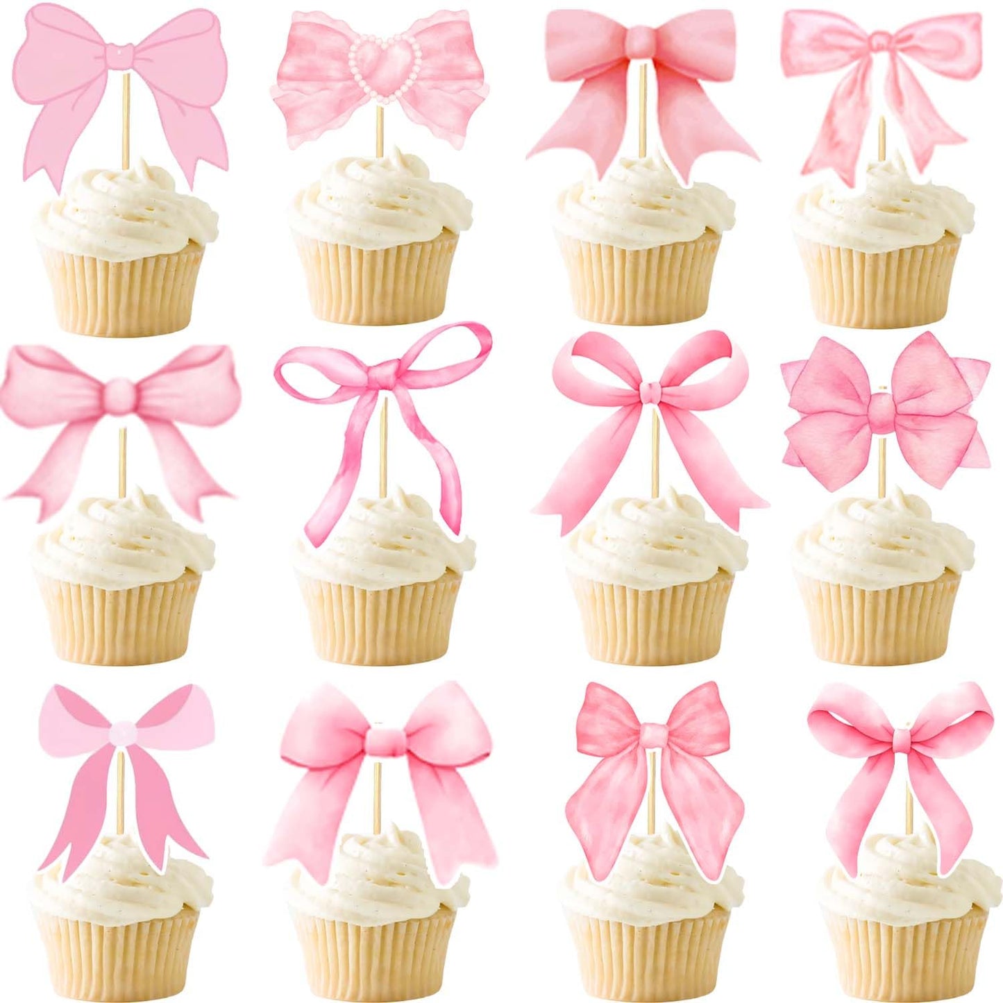 24PCS Coquette Bow Cupcake Toppers, Pink Bow Coquette Birthday Cake Decorations for Bachelorette Bridal Engagement Wedding Girl Baby Shower Bow Theme Party Decor
