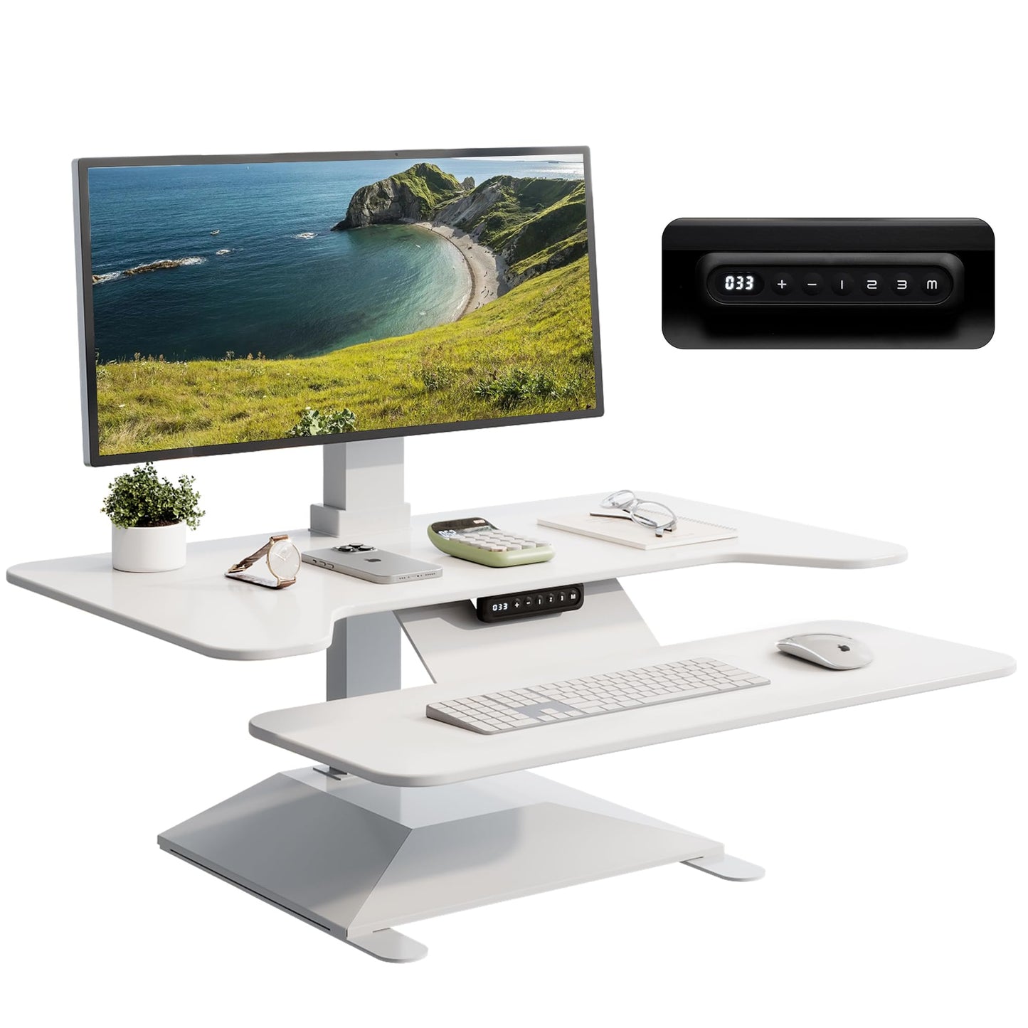 Electric Standing Desk Converter 36" Wide, Height Adjustable Desk Riser, Computer Workstation, Sit-Stand Convertor for Home, Office, School (White, 1 Arm Included)
