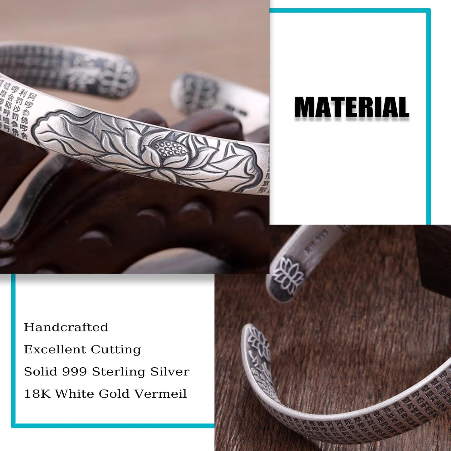 Feng Shui Lotus Heart Sutra Bracelet - Adjustable Vintage Silver Bracelet for Women Men, Tibetan Buddhist Mantra Lucky Amulet, Wealth Luck Protection Meditation Gifts (C)