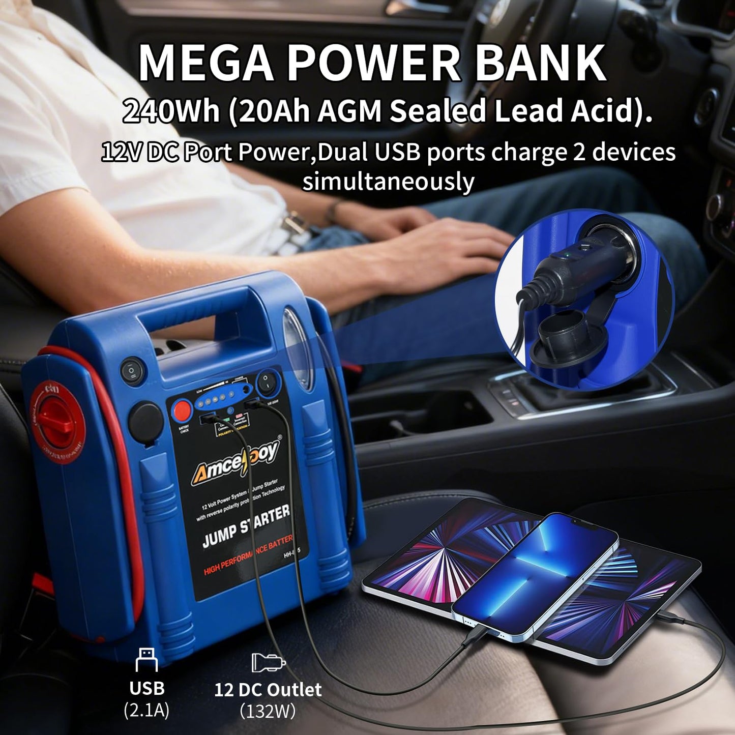 Amcelooy 2000 Peak Amp Car Battery Jump Starter, 12V Booster for Up to 8.0L Gas & 8.0L Diesel Engines, Portable Jump Box with LED Light, USB & DC Ports