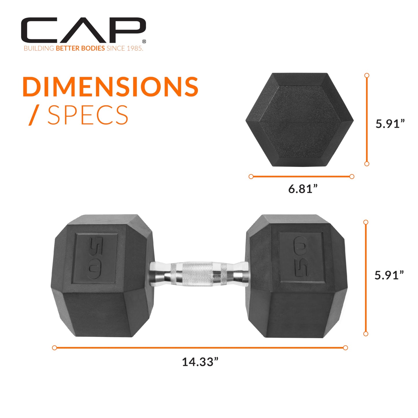 CAP Barbell 50 LB Rubber Coated Hex Dumbbell Hand Weight - Pair | Chrome Handle