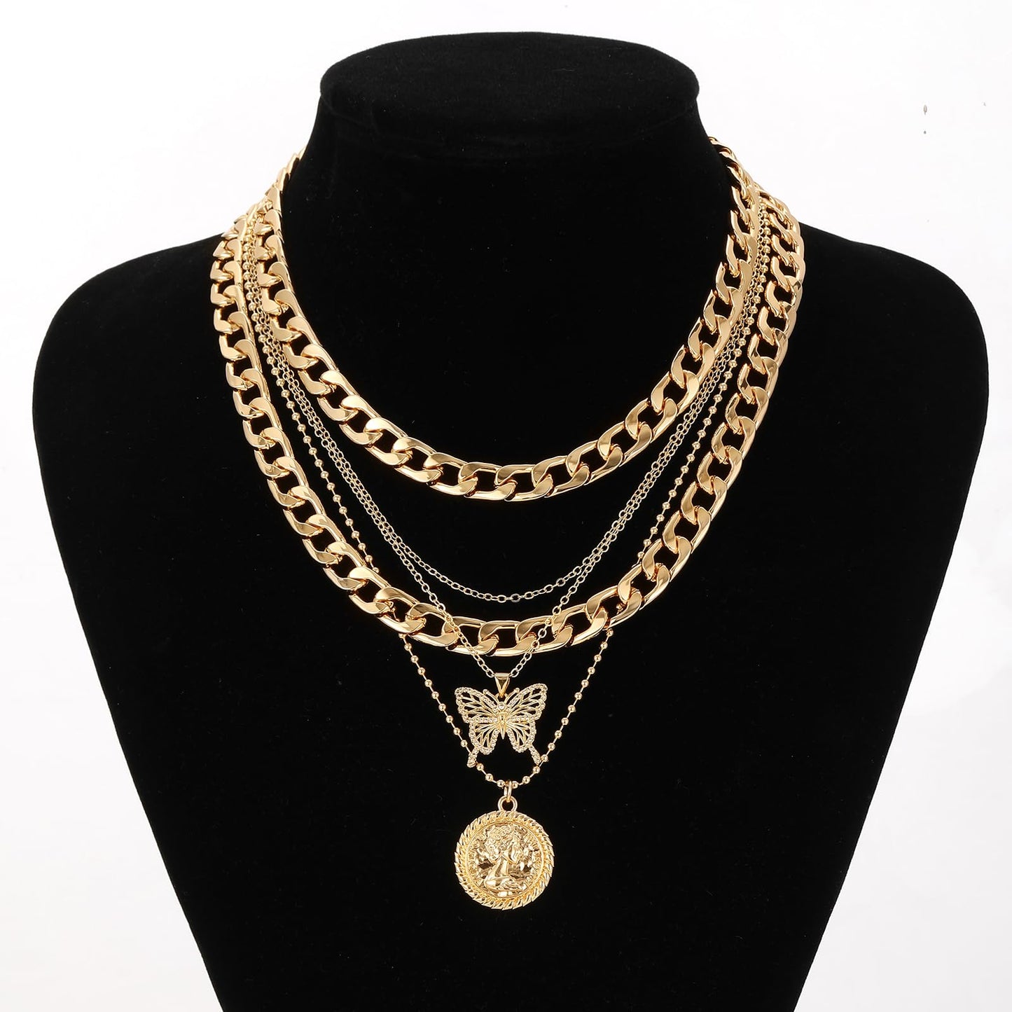 MJartoria Gold Layered Necklaces for Women Trendy Retro Coin Pendant Necklace Dainty Chunky Chain Choker Necklaces for Jewelry Birthday Gifts (Gold, A-X-Hollow Butterfly-5 in 1 Layered)