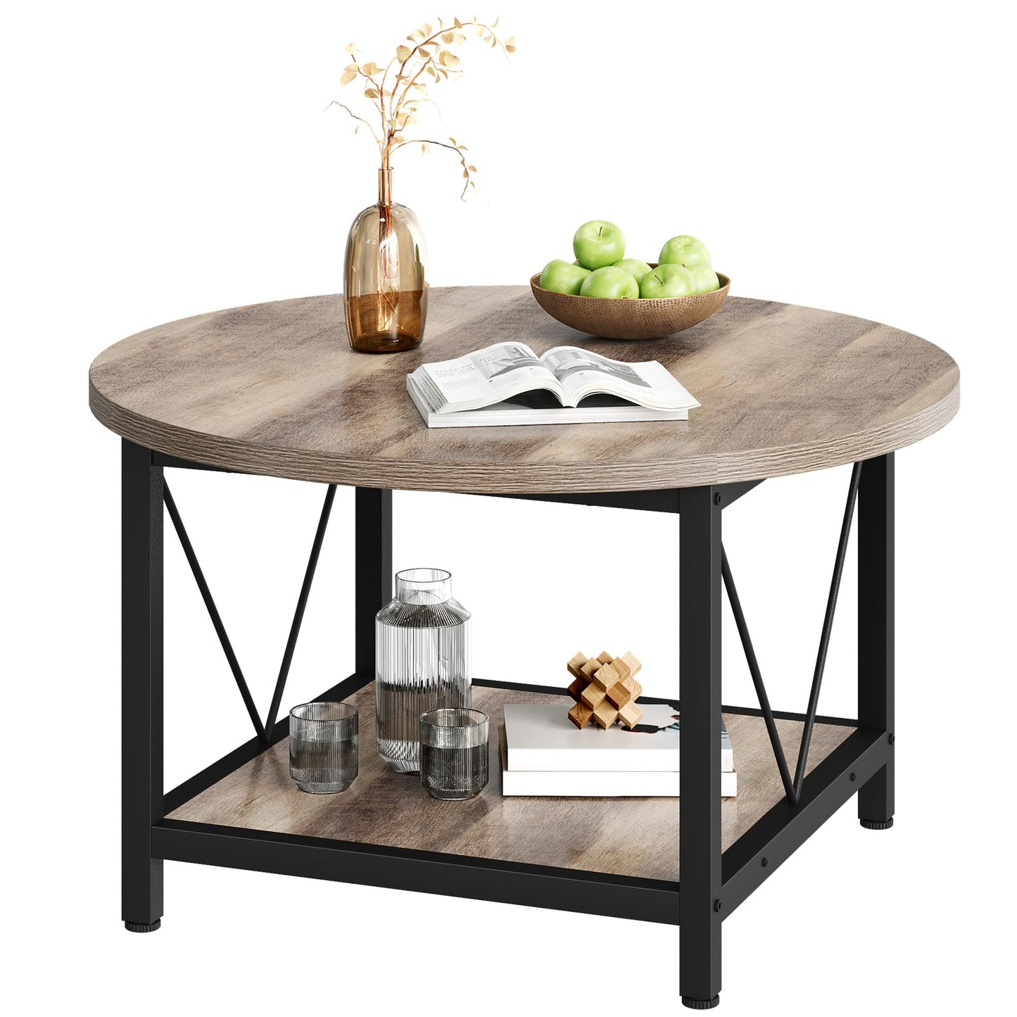 DWVO Round Coffee Tables for Living Room, Small 2 Tier Circle Coffee Table with Storage Open Shelf, Rustic Wooden Coffee Tables with Metal Frame Farmhouse Round Coffee Table for Home Office, Grey Wash