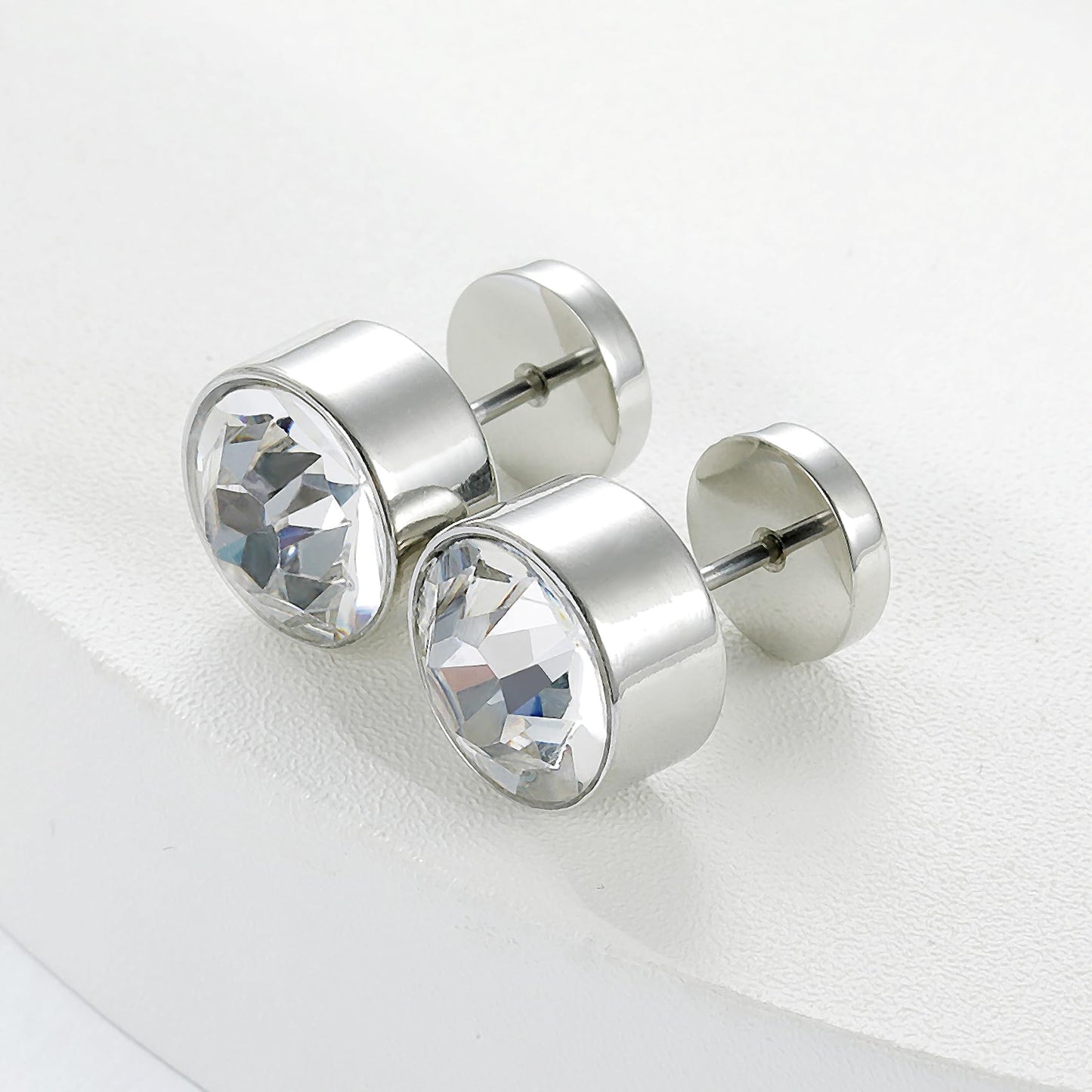 VOLUKA Titanium Earrings Screw Flat Back Earrings Studs Hypoallergenic for Sensitive Ears Cubic Zirconia Created Quartz Punk Dot Disc Barbell Stud Earrings-10mm CZ