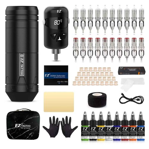 EZ Tattoo Gun Kit - Wireless Tattoo Machine Kit Complete with Tattoo Machine Pen, 1100mAh Battery Power Supply, 20Pcs Tattoo Cartridges Needles and 8 Color Inks for Tattoo Beginners (Dagger V3)