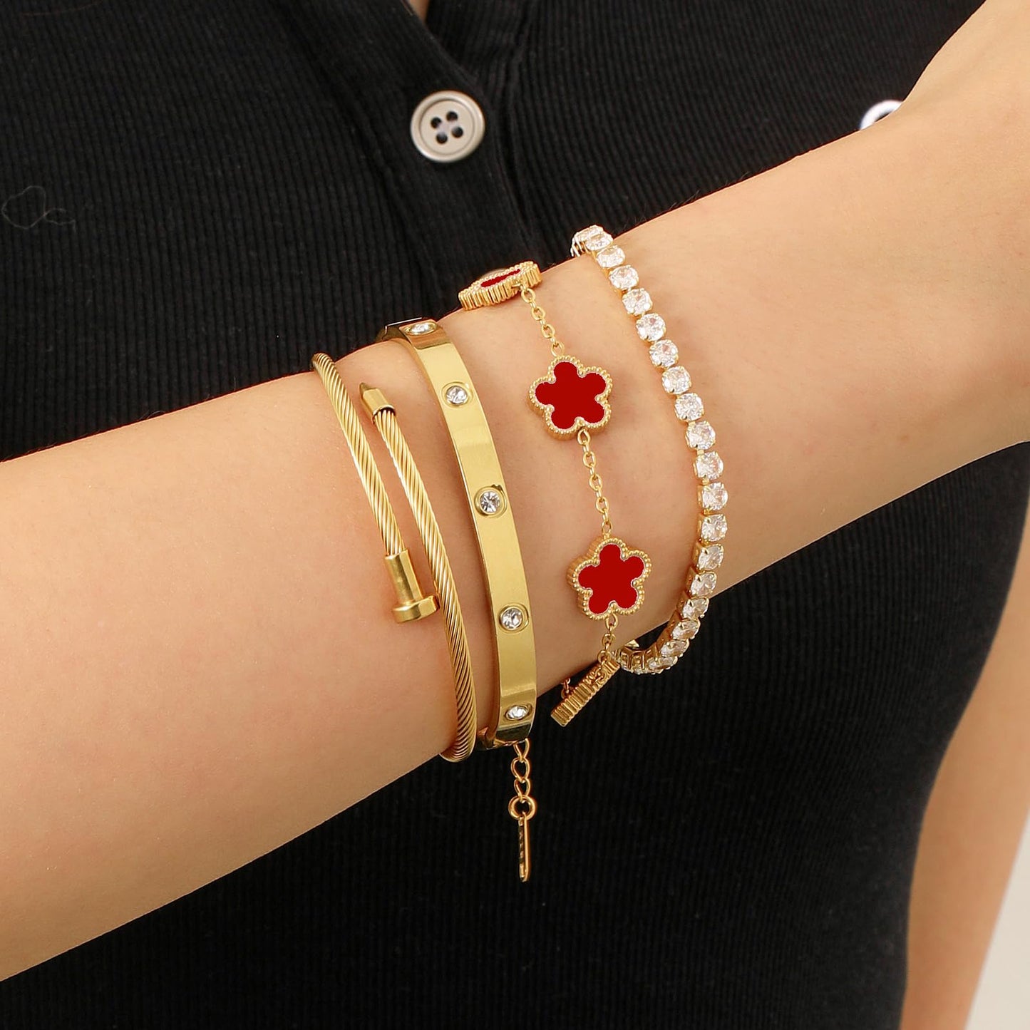 MEIERYA 18K Gold Plated Womens Stackable Floral Bracelets Set,Twisted Cable Bangle,Trendy Jewelry,Waterproof adjustable bracelet,Christmas Birthday Gifts for Girlfriend or Mother. (07-Color-red)