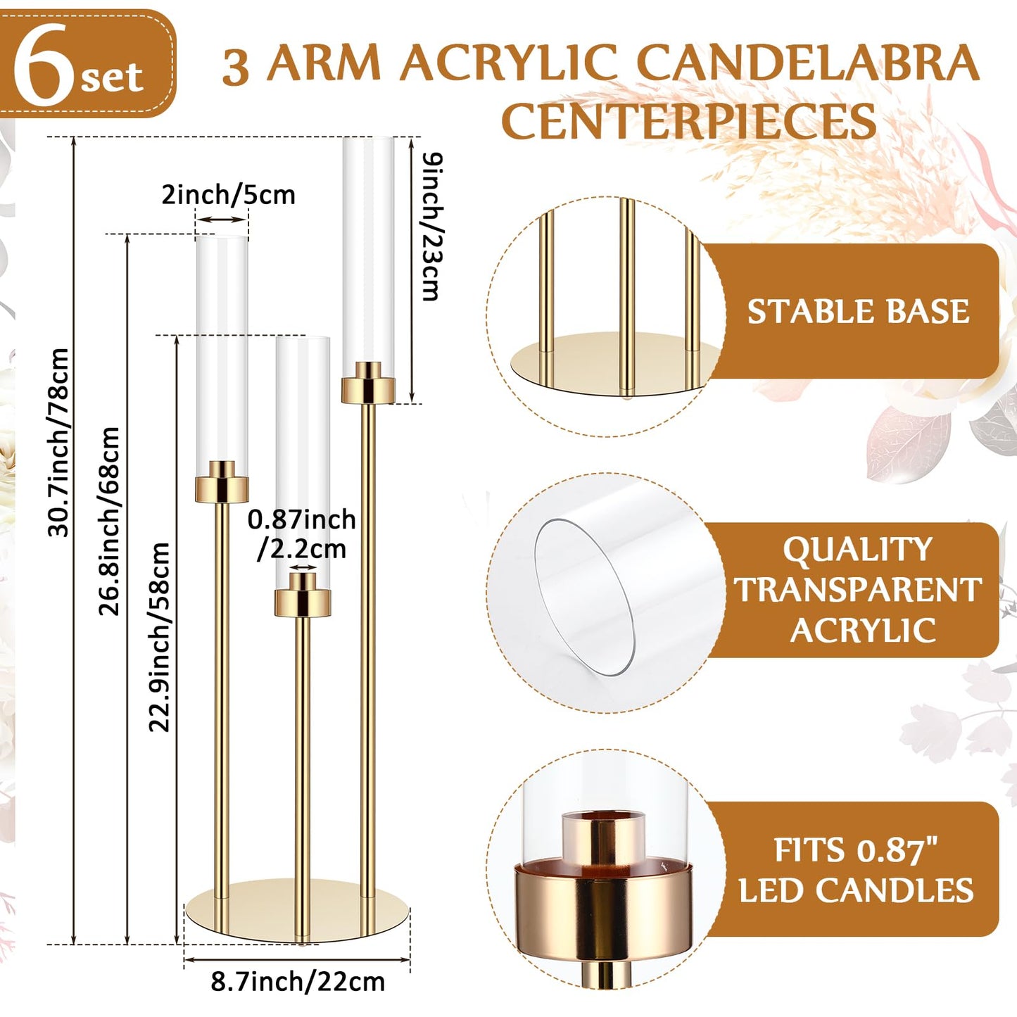 Layhit 6 Set Wedding Gold Candelabra Centerpieces for Tables, 3 Arm Tall Acrylic Candle Holder Centerpiece with Clear Shades for Reception, Party, Dining Decor, Anniversary, Fits 0.87" LED Candles"