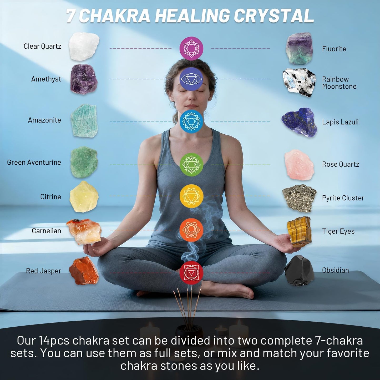 Orientrea 14Pcs Large Natural Rough Crystals and Healing Stones with Cone Incense & Guide – Raw Healing Crystals, Chakra Crystal Set for Tumbling, Decoration, Wire Wrapping, Wicca, Reiki, Meditation