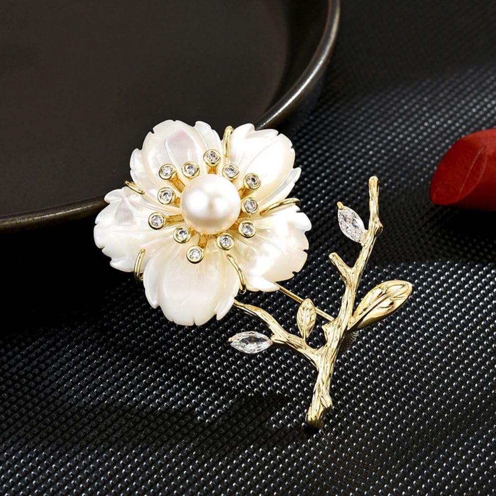 UNVAK Plum Brooch Pin 18K Gold-plated Plum Blossom Brooches Pearl Flower Pin Jewelry Gift for Women Girls