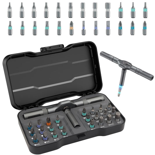 24 in 1 Magnetic Screwdriver Set, Ratchet Mini Screwdriver Set with Multi Bits, Portable Screwdriver Sets Detachable T Handle with Storage Case Repair Tool Kit for Furniture Computer Bicycle or DIY