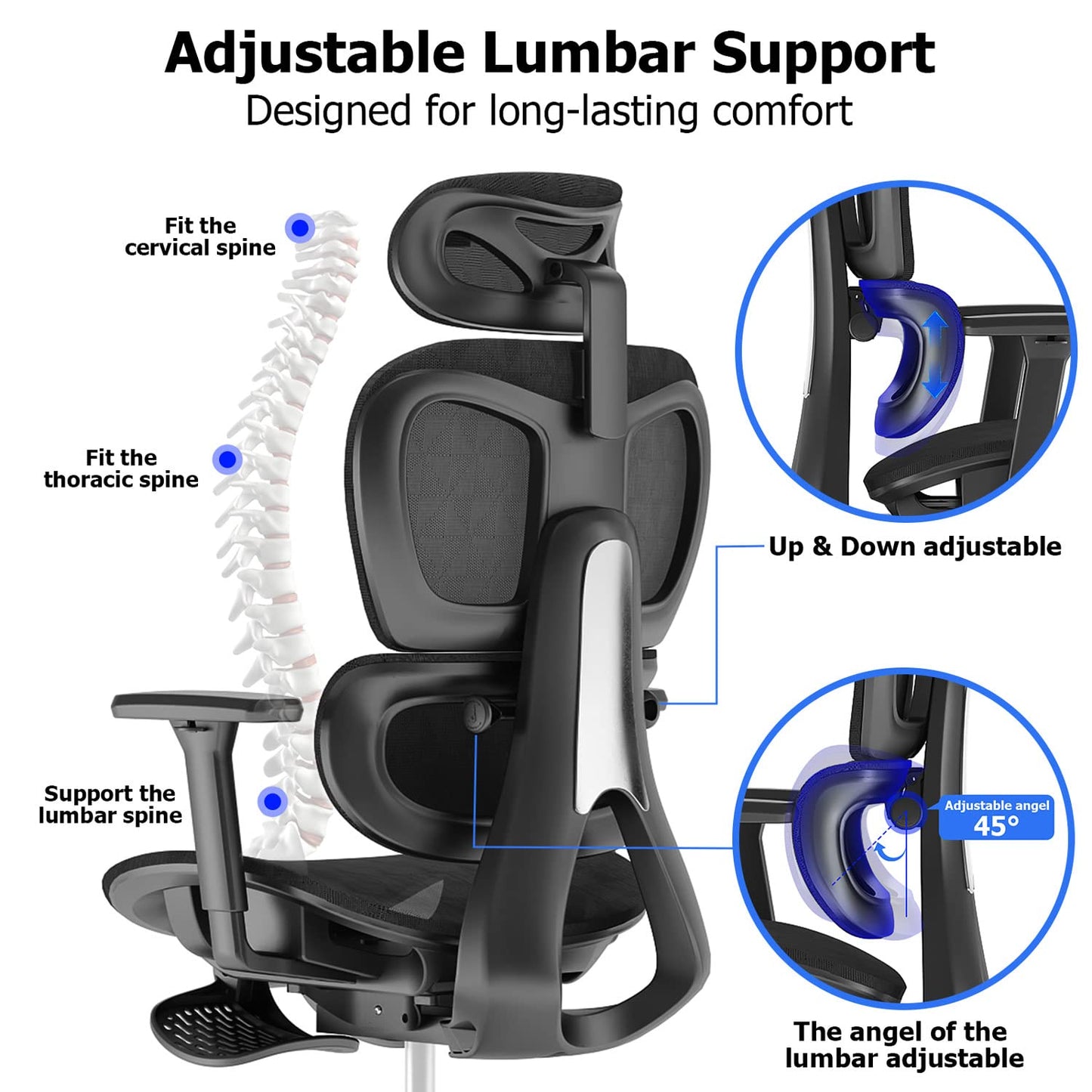 PatioMage Ergonomic Office Chair, Big and Tall Desk Chair with Adjustable Lumbar Support & Seat Depth, High Back Computer Chair, Swivel Mesh Chairs with Wheels for Home Office, Black