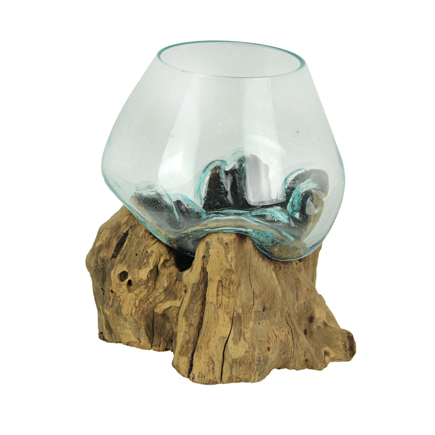 Handcrafted Melted Glass and Teak Driftwood Centerpiece Bowl/Sculpture- Unique 7-Inch Earthy Artistry for Succulents, Terrariums, and Decorative Displays