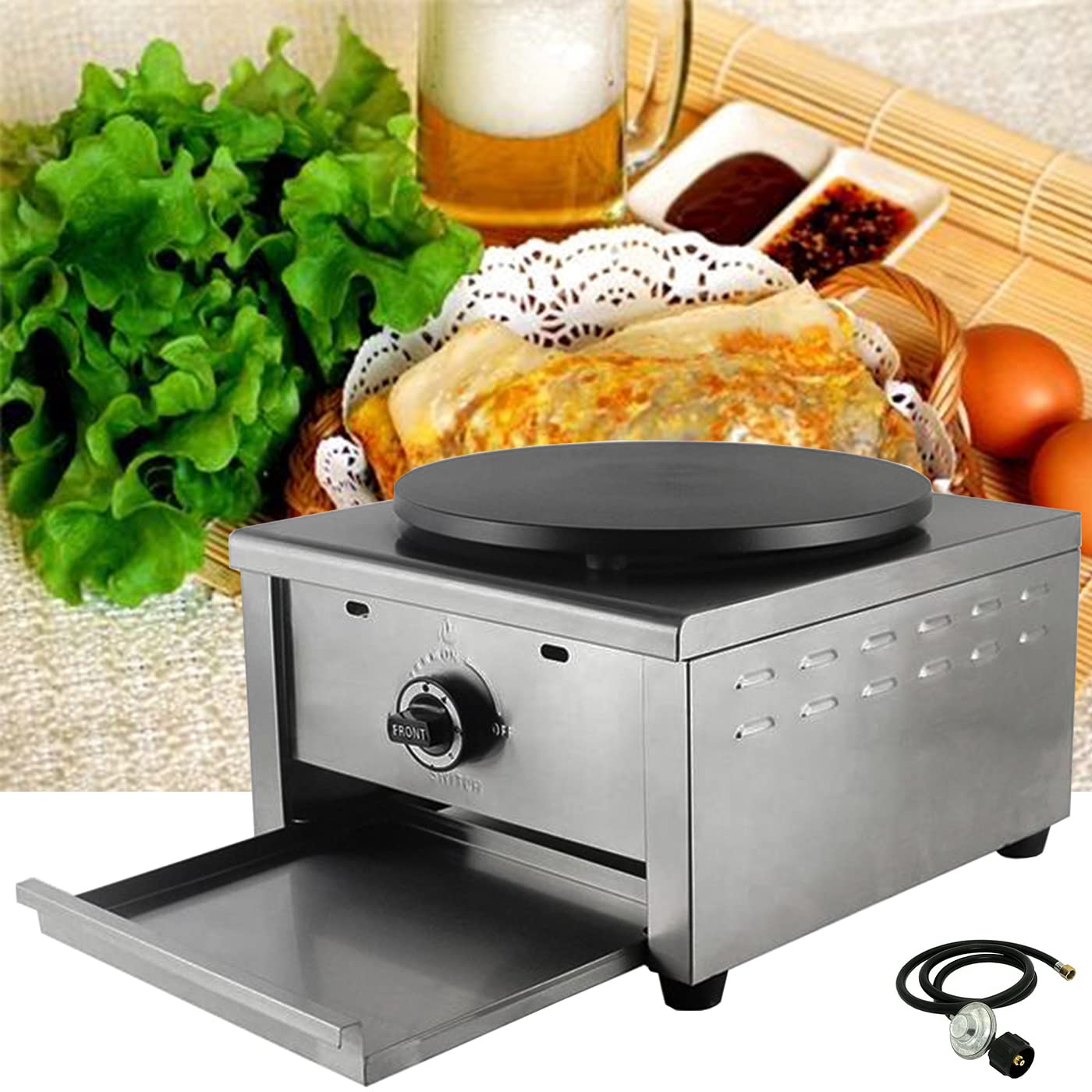 PreAsion 16''Commercial Gas Crepe Makers Machine LPG Gas Pancake Machine Griddle Maker Machine with Low Pressure Valve for Blintzes, Eggs, Tortilla