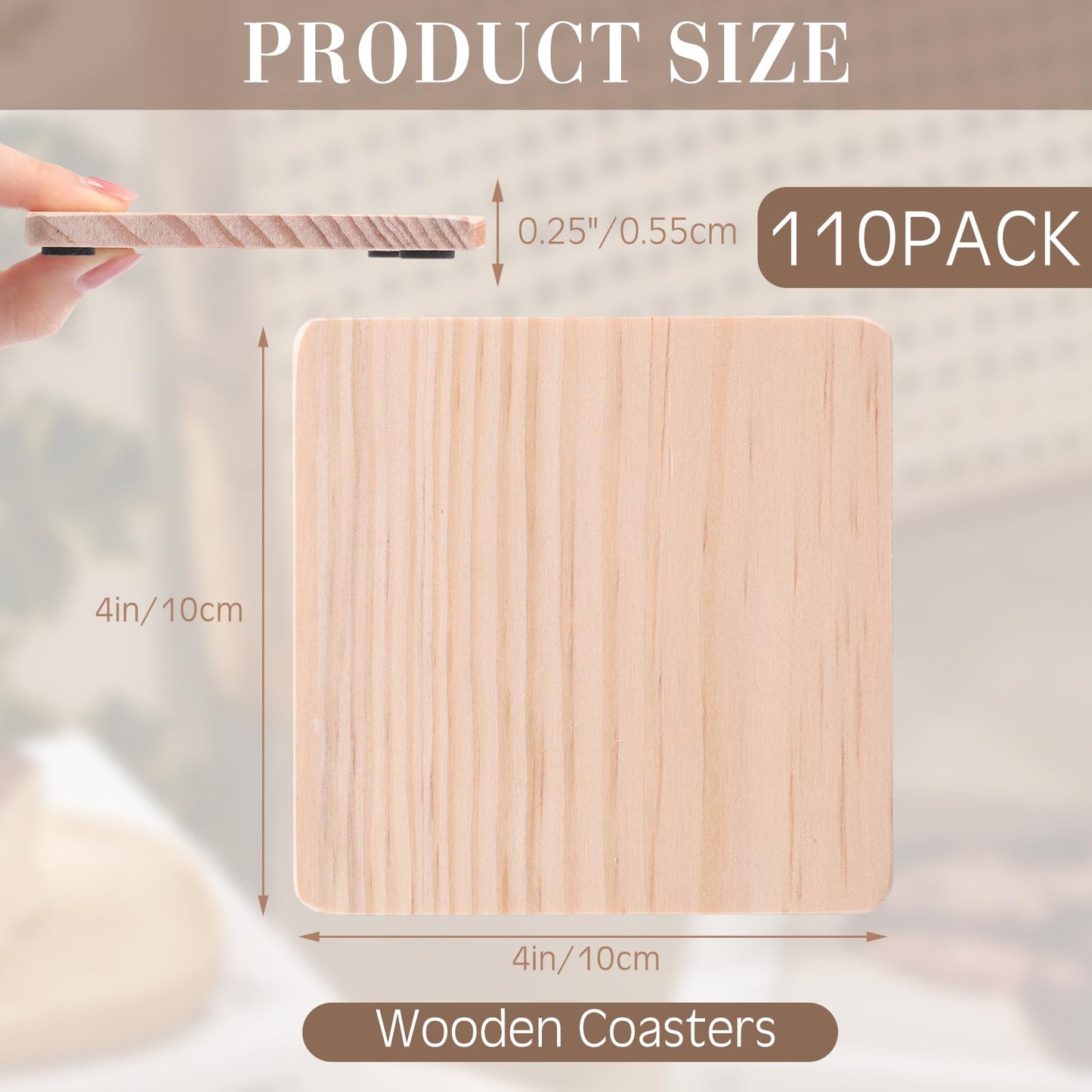 Acellegic 110 Pcs Unfinished Wood Coasters Bulk for Crafts, 4 Inch Blank Square Pine Wood Slices for Crafts with Non-Slip Dots for DIY Stained Painted Engraving Wedding Valentine Home Decoration