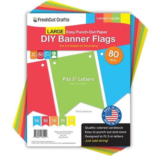 80 pcs Paper DIY Banner Flags Bright Pennant Banners, Large (3.75 x 5 in), US Made Card Stock Punch Out Blank Pennants for Party Decorations, Kids Birthdays, Classroom, Celebration, Festive Parties