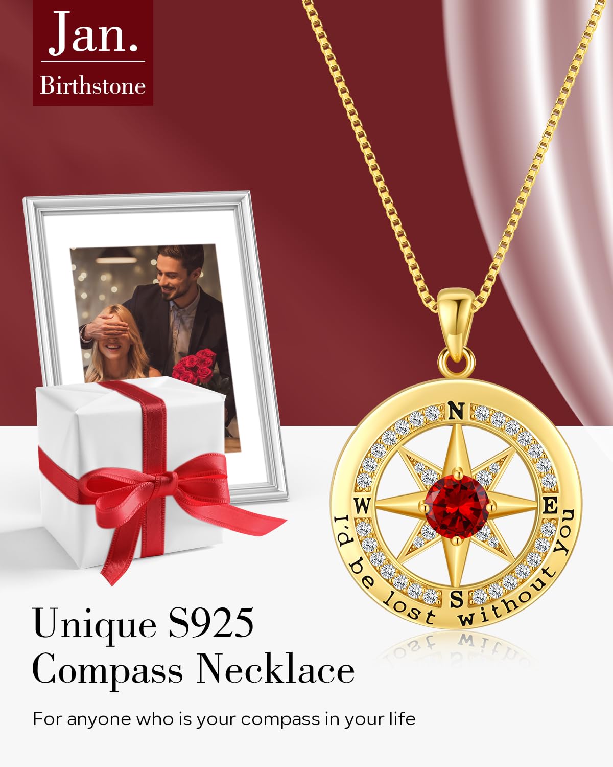S925 Necklace Gift for Wife |Compass Jewelry |Women Anniversary |Sterling Silver |Girlfriend Birthday Gifts for Her Valentines |I'd be Lost without You |18K Gold Jan 01