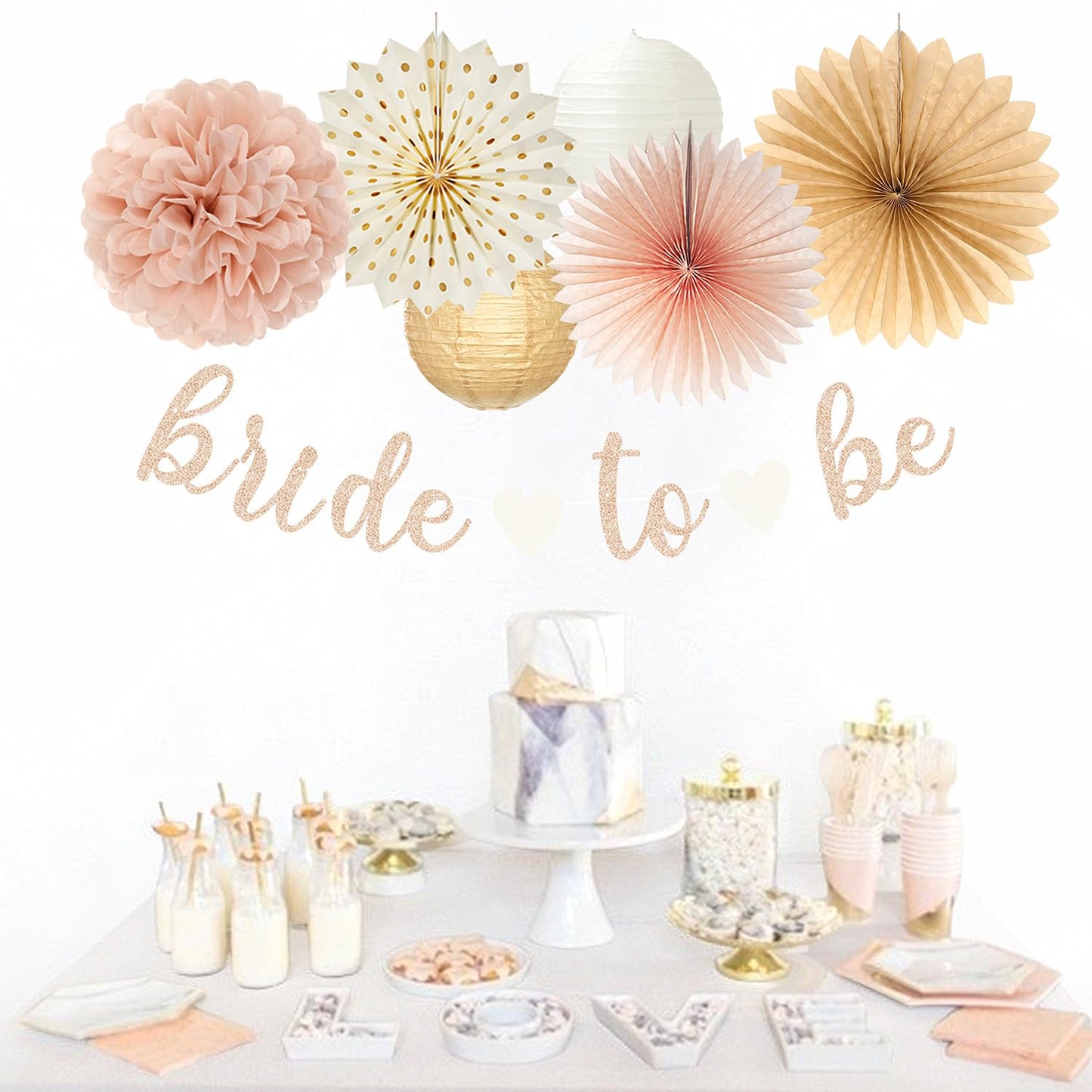 Champagne-Gold Beige Fall Boho Bachelorette Party-Decorations - 21pcs Women Bridal Shower Banner Garland,Bride To Be Paper Streamers Lanterns,Flower Tissue Pom Poms Fan Favors Wedding Decor Huglony