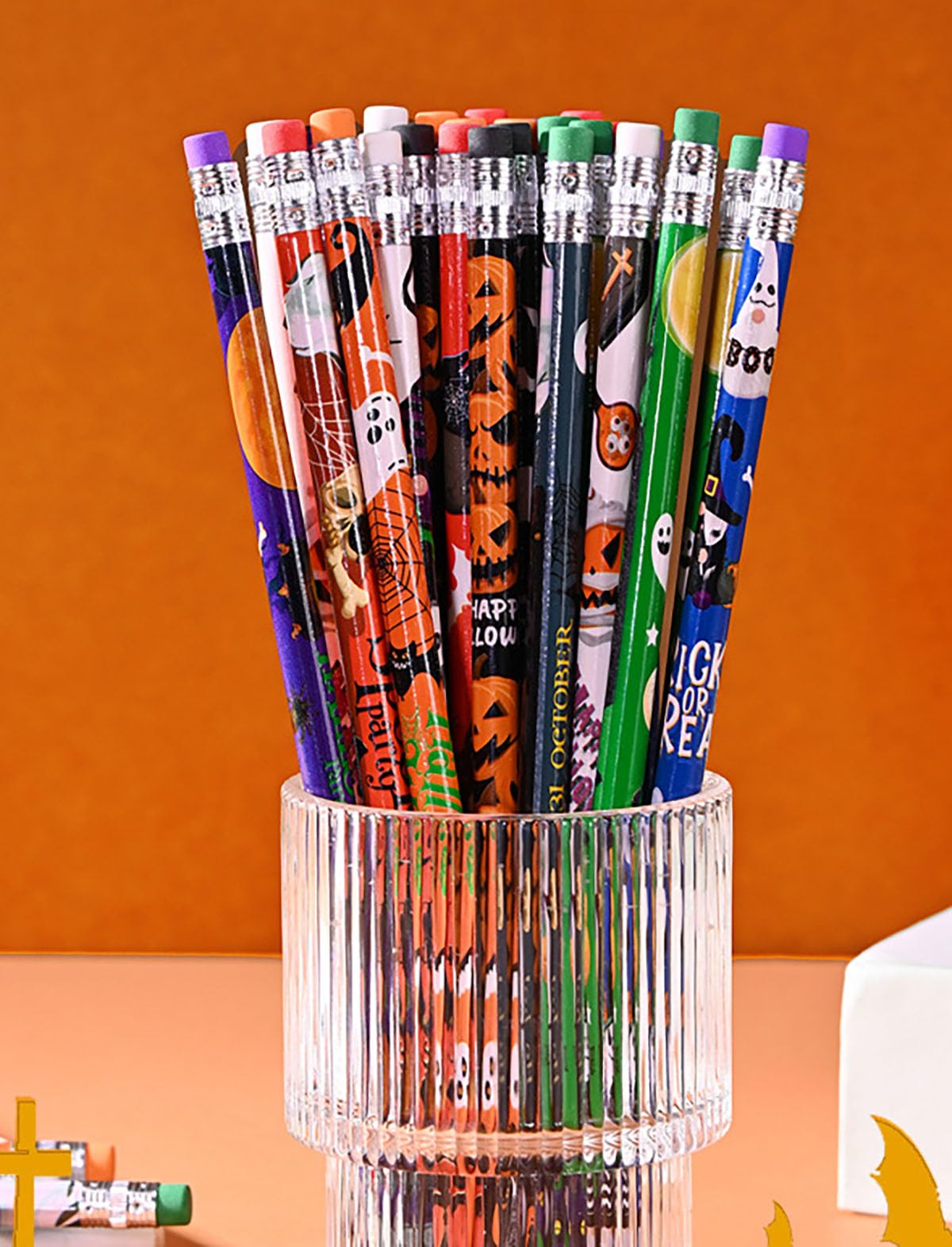 YYaaloa 144 Pcs Wooden Pencil with Eraser Halloween Colorful Pencils Novelty Fun Holiday Gift Office Supply Writing (144pcs, Halloween)