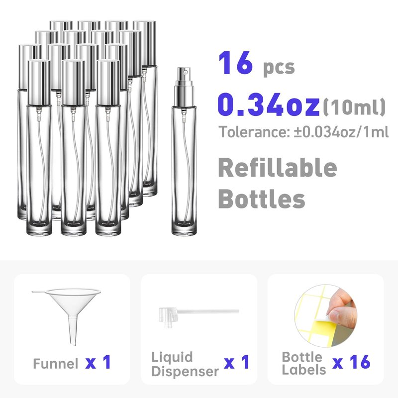 Glassfinity 16 Pack 10ml Empty Perfume Bottles, Refillable Round Glass Spray Atomizers with Funnel, Transfer Pump and Labels, Travel Fragrance Decant Bottles for Samples, Silver Caps