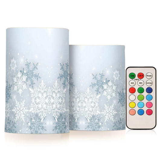 ALAZA Silver Winter Abstract Snowflakes Christmas Flickering Flameless Candles Battery Operated with Remote Timer,Tea Light Candles LED Pillar Votive Candles Set of 2 for Outdoor Indoor Decorations