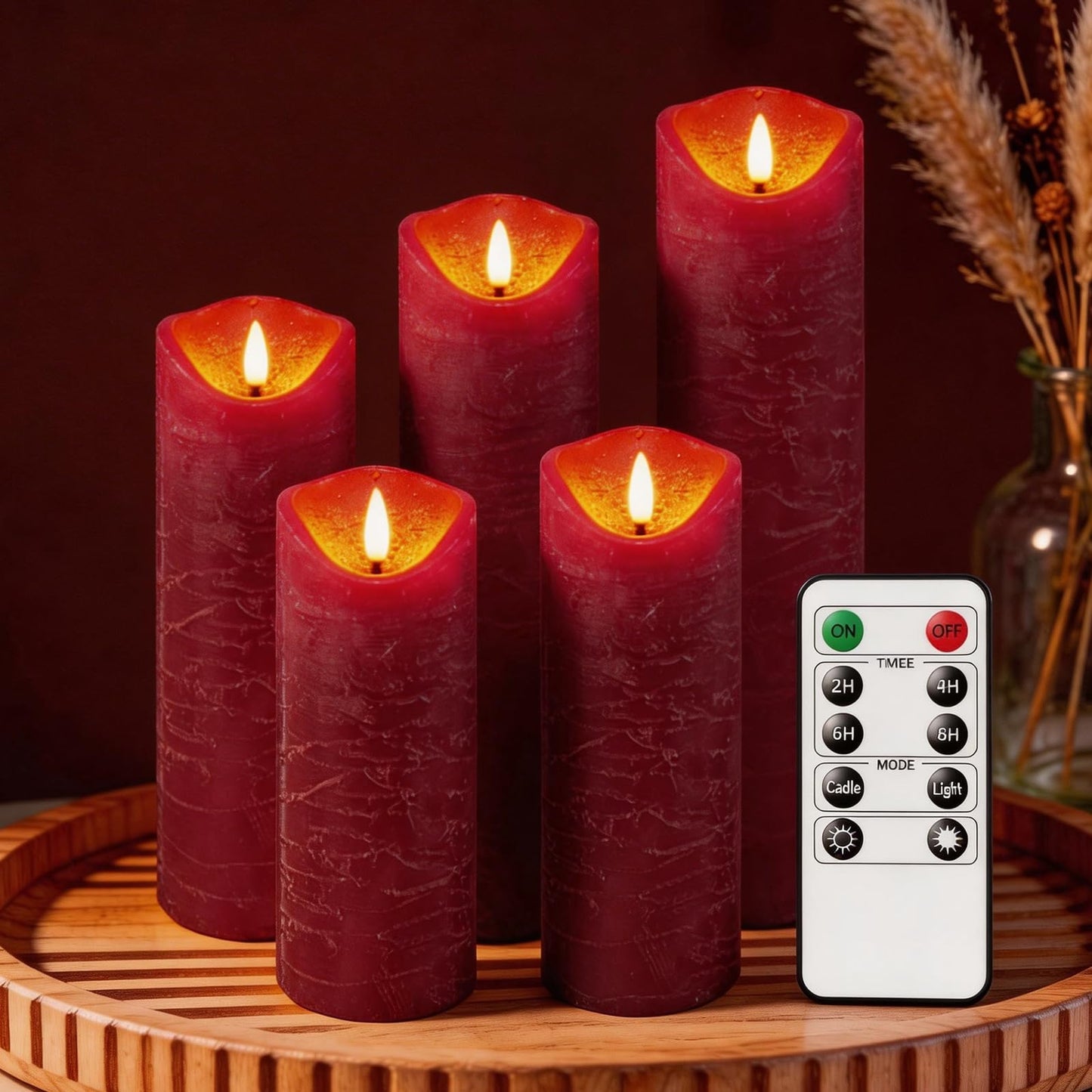 MiKoyi Flameless Pillar Candles with Remote, Battery Operated Candles Real Wax, [5-Pack] Fake LED Flickering flameless Candle with Timer Function for Room Home Decor (2.2" * 5/5.5/6/7/8"") - Red"