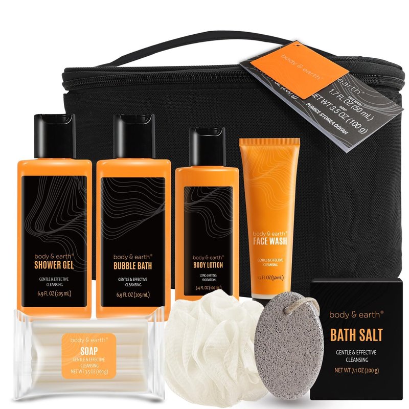 Body & Earth Gift Baskets for Men Bath Set Citrus Scented Bath and Body Gift Set with Body Lotion, Face Wash, Shower Gel, Bubble Bath, Loofah, Birthday Fathers Day Gifts