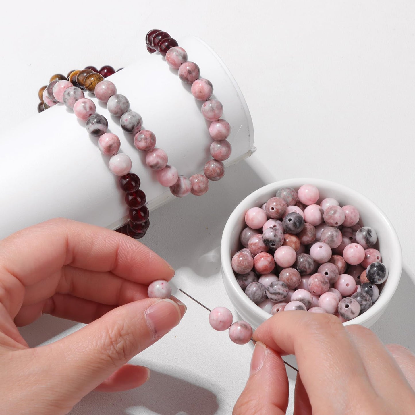 Risyfjew 50PCS 8mm Natural Pink Zebra Jasper Beads Gemstone Round Loose Beads for Jewelry Making Chakra Crystal Stone Beads for Bracelets Necklace Earrings Making Supplies (50pcs/Strand)