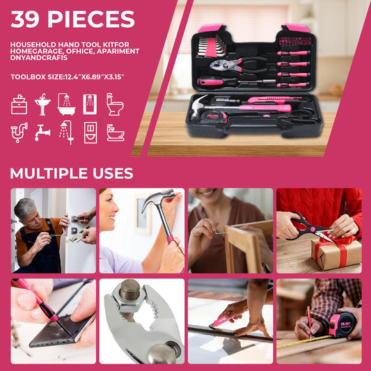 ABCY 39 Piece Basic Tool kit for Women, All Purpose Pink Tool ser Household Hand Tools with Toolbox for Home Repairs, College Dorm Essentials, DIY Crafts & Gifts