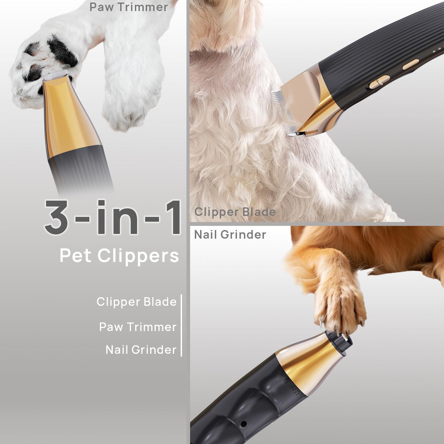 Jaojcoe 3-in-1Dog Hair Clippers Grooming Kit with Paw Trimmer- Rechargeable Cordless Quiet Nail Grinder Shaver with 4 Guide Combs for Grooming Small Medium Pets on Body,Paws, Face, Ears (Black)