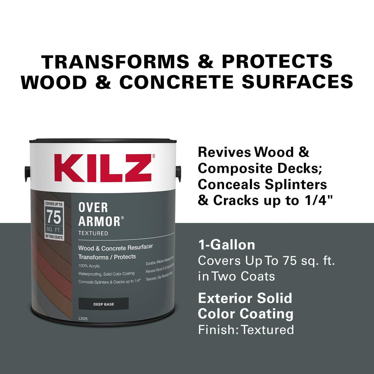 KILZ Over Armor Textured Solid Coating Resurfacer for Wood, Composite and Concrete Surfaces, Black Olive, 1 Gallon