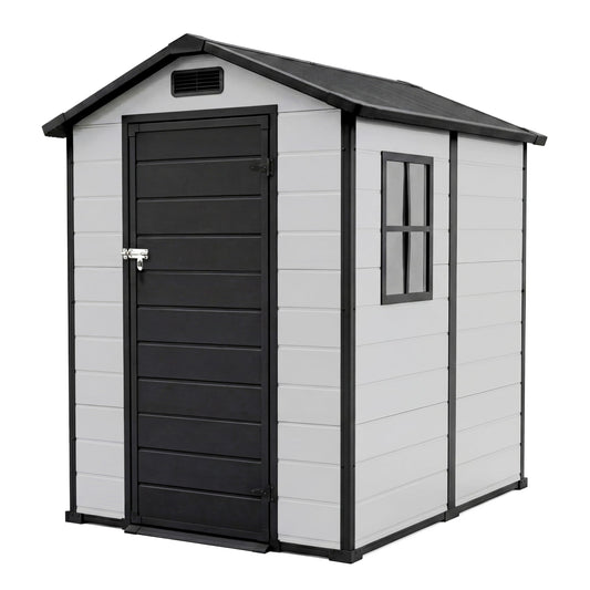 6x4 ft Outdoor Storage Shed, Plastic Resin Garden Shed with Floor, Window, 2 Vents, Lockable Door & Sloped Roof, Garden Tool Storage Shed for Patio, Backyard, Garden, Lawn Mower, Bike