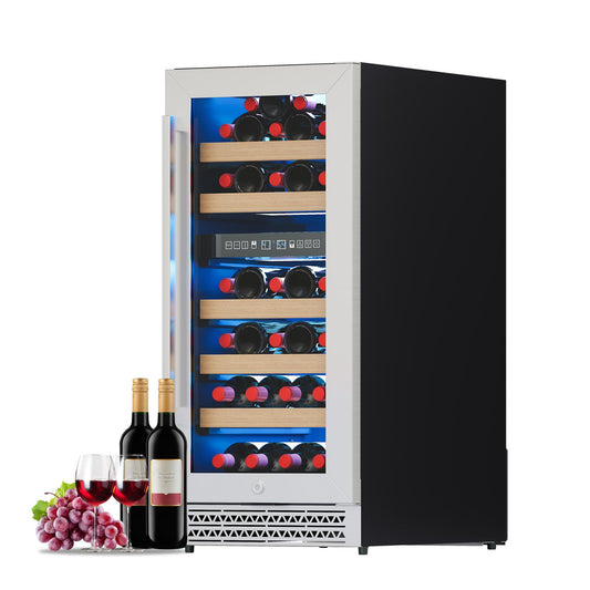 Albott 15 Inch Wine Fridge, Dual Zone 31 Bottle Wine Cooler 41–68℉ with Digital Temperature Control, Reversible Double-Layer Glass Door, Built-in or Freestanding Design for Home and Bar