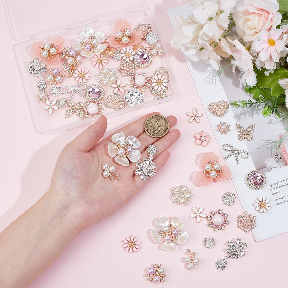 PH PandaHall 20 Styles Rhinestone Cabochon 60PCS Faux Pearl Embellishments Flat Back Butterfly Heart Bowknot Cabochon Flower Enamel Brooch for Jewelry Making Clothes Bags Hair Accessory Wedding