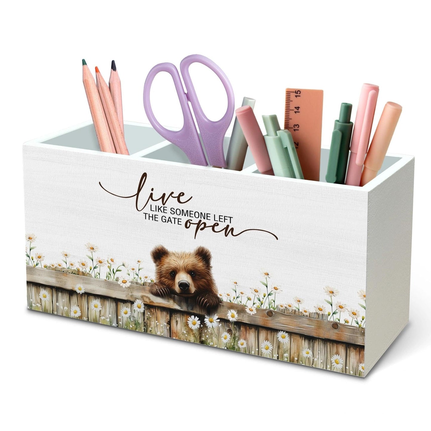 DILSJ Bear Inspirational Pen Pencil Holder Organizer for Desk, Bear Gifts for Women Men, Live Like Someone Left the Gate Open Wooden Box Signs for Home Office Desk Tabletop Decoration