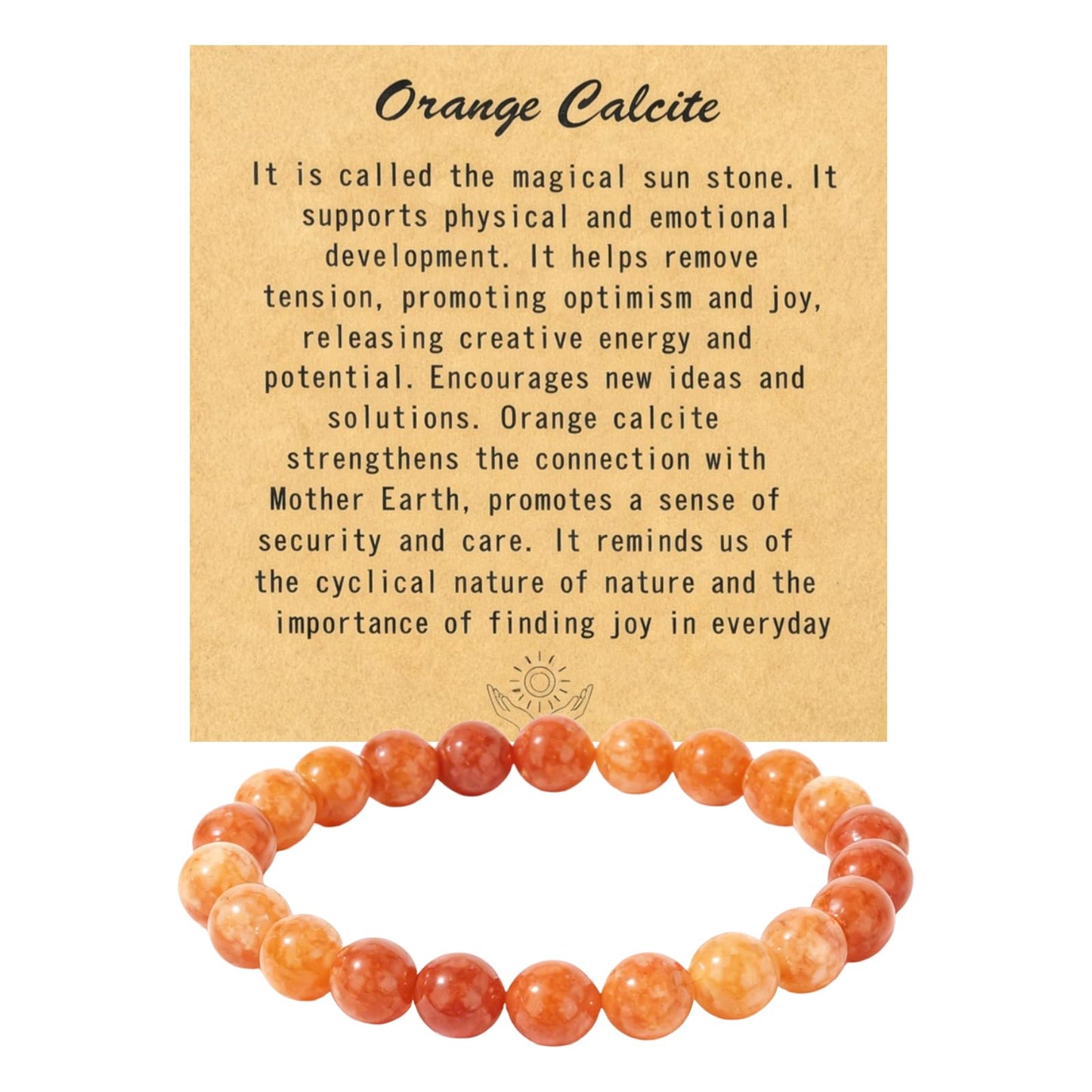 Natural Orange Calcite Bracelet for Women, Sun Stone Healing Crystal Adjustable Stretchy 8mm Round Beads Bracelets Reiki Chakra Man Jewelry Gifts (Orange Calcite)