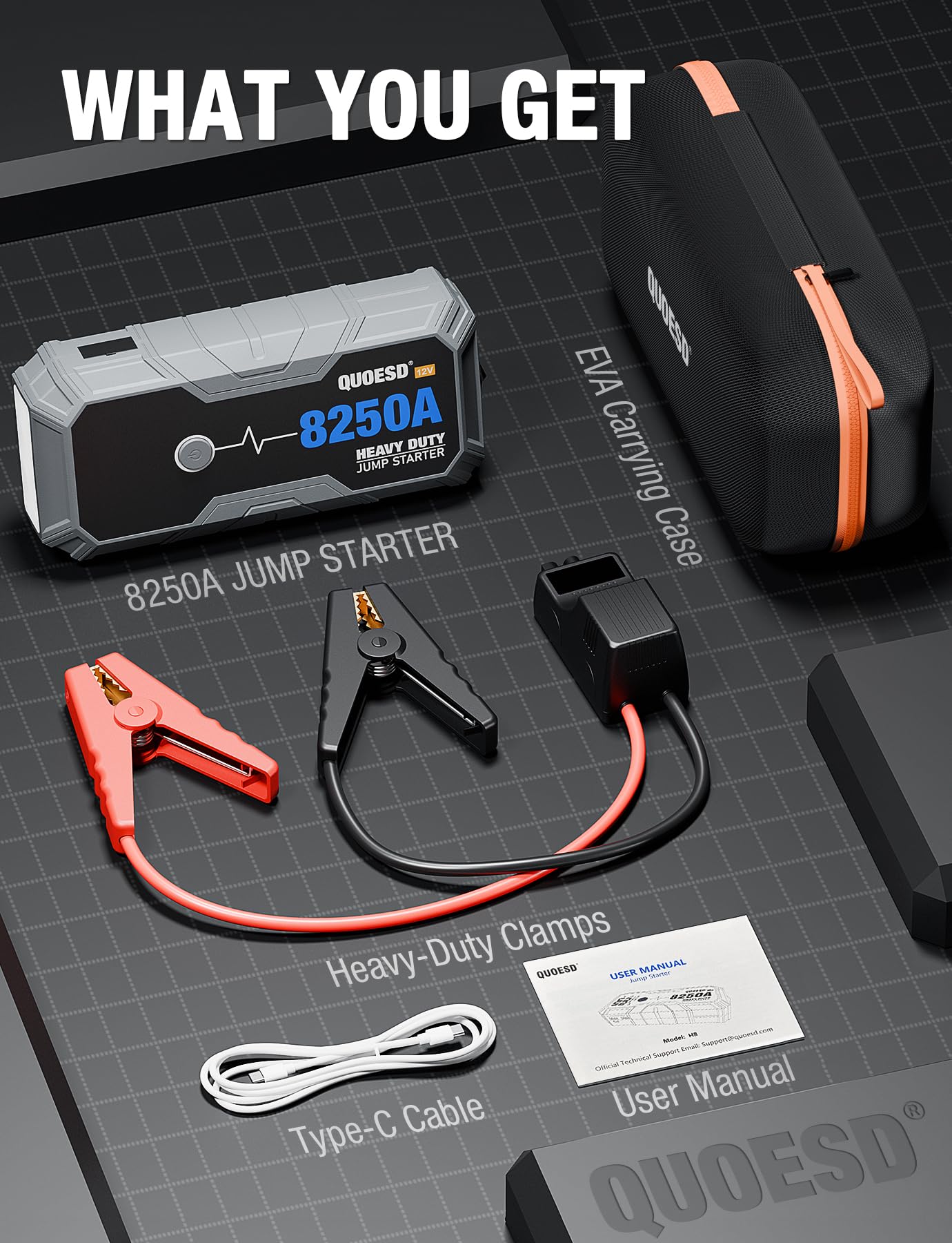 8250A Jump Starter Battery Jump Starter Battery Pack (for All Gas or 10.0+L Diesel), 12V Potable Heavy Duty Car Jump Start with 60W Power Bank 24-Months Stand-by Time