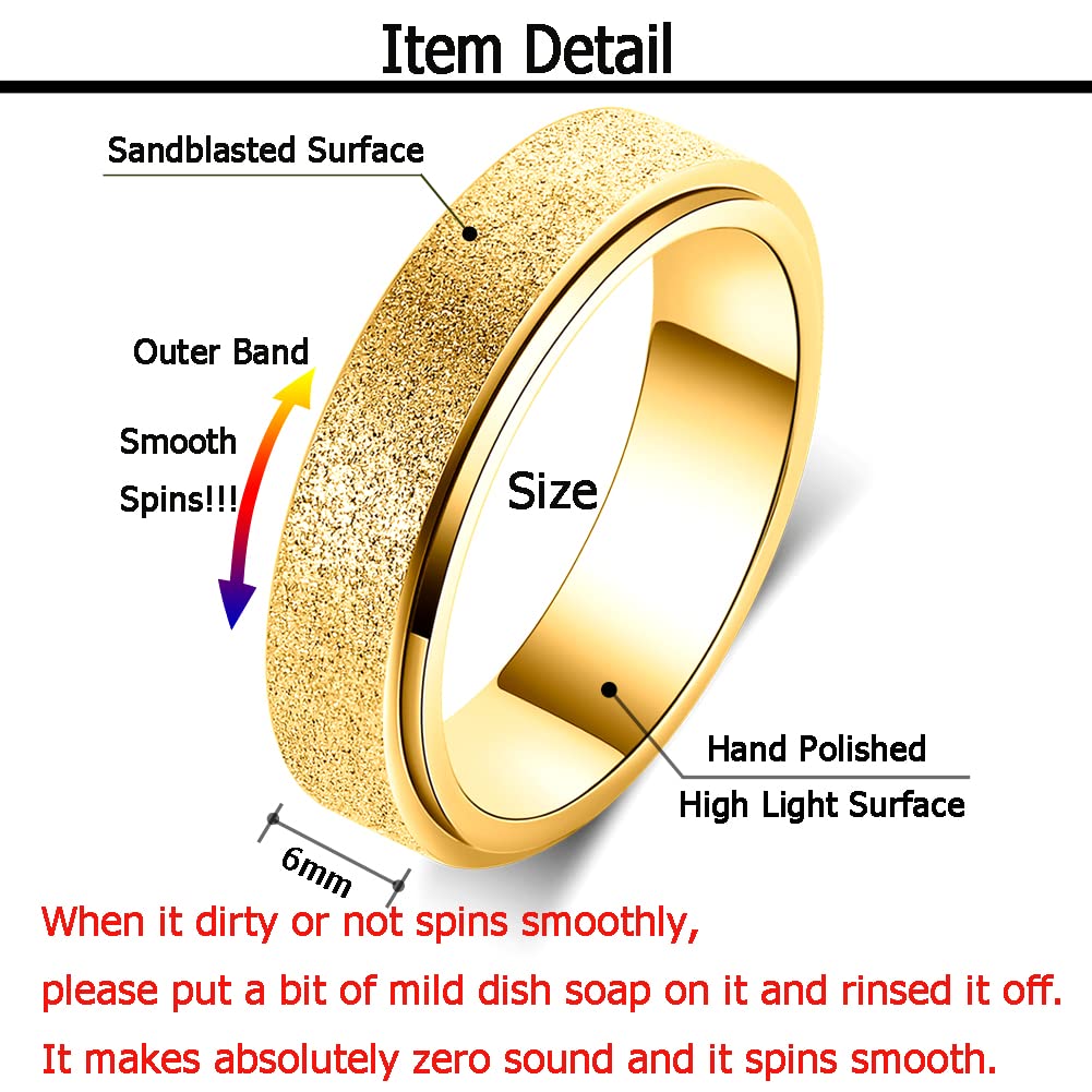 OreilleStar Titanium Stainless Steel Anxiety Ring for Women Men Fidget Toys Adults Spinner Ring 6mm Wide Cool Mood Rings Band Rings Hand Polished Gold Size 7