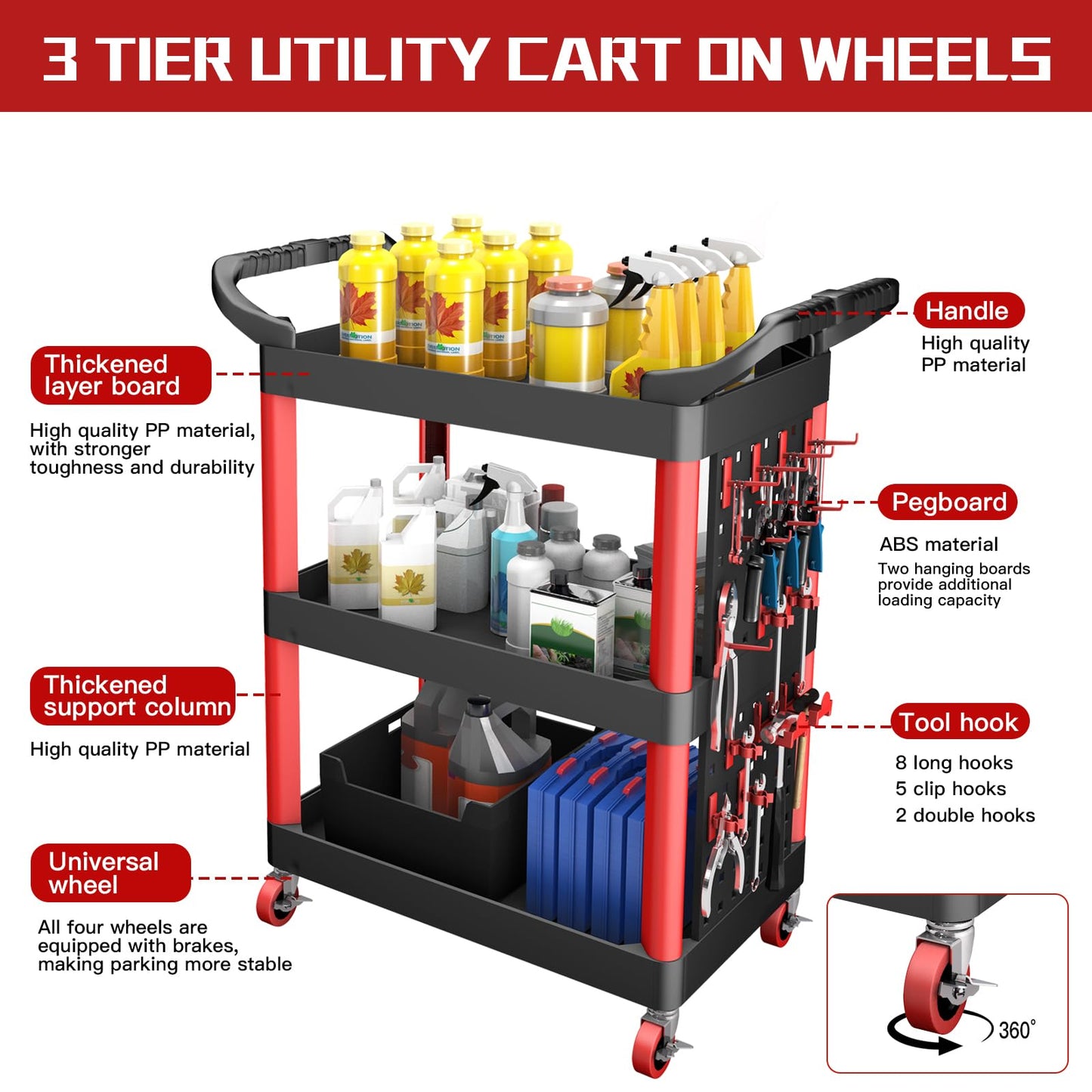 AIRAJ Rolling Utility Cart | 3-Tier Utility Cart on Wheels | Mechanic Rolling Tool Cart on Wheels | Detailing Carts | Work Carts for Garages,Warehouses,Repair Shops | with Pegboard | 440 Lbs