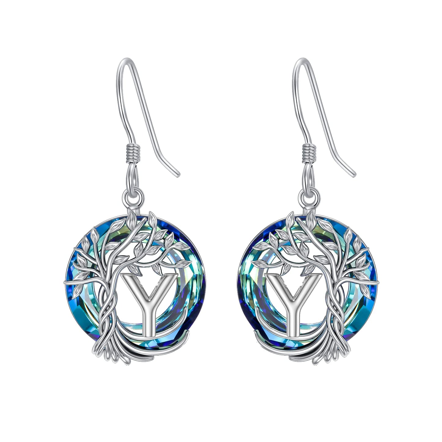 TOUPOP Tree of Life Initial Earrings Sterling Silver Initial Y Letter Drop Dangle Earrings Blue Circle Crystal Family Tree Jewelry Birthday Mothers Day Gifts for Women Mom Her