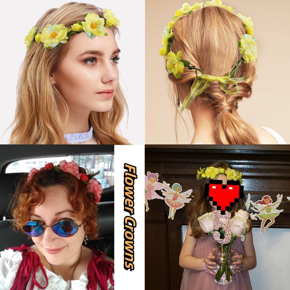 CellElection 6Pcs Adjustable Boho Flower Crowns with Elastic Ribbon Floral Headbands Garland Bridal Bridesmaid Women Girls Teens Kids Headpiece for Hawaiian Party Wedding Beach Festival
